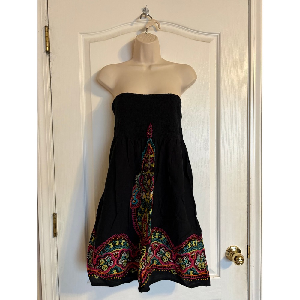 Fire Los Angeles Black Cotton Smocked Strapless Boho Paisley Print Dress Large